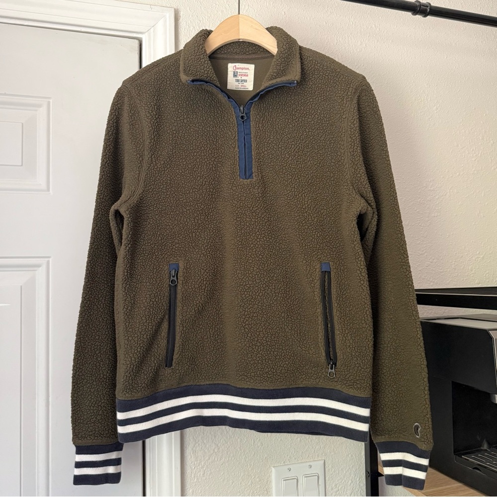 CHAMPION‎ x TODD SNYDER Olive army green Sherpa shearling fuzzy 1/4 zip pullover